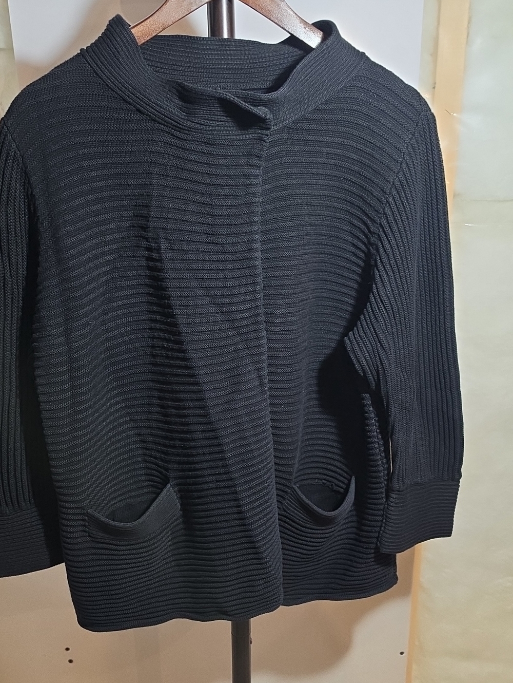 Anne Klein Black Ribbed Pocket Cardigan